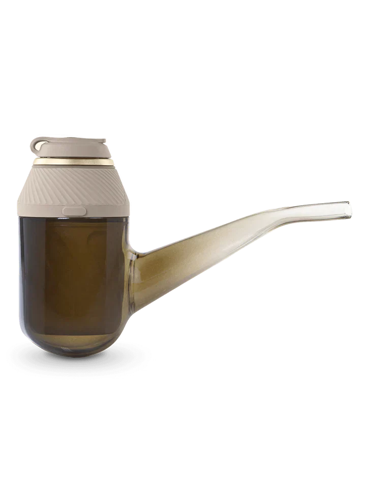 A glass pipe with a white cap and a brown liquid inside.