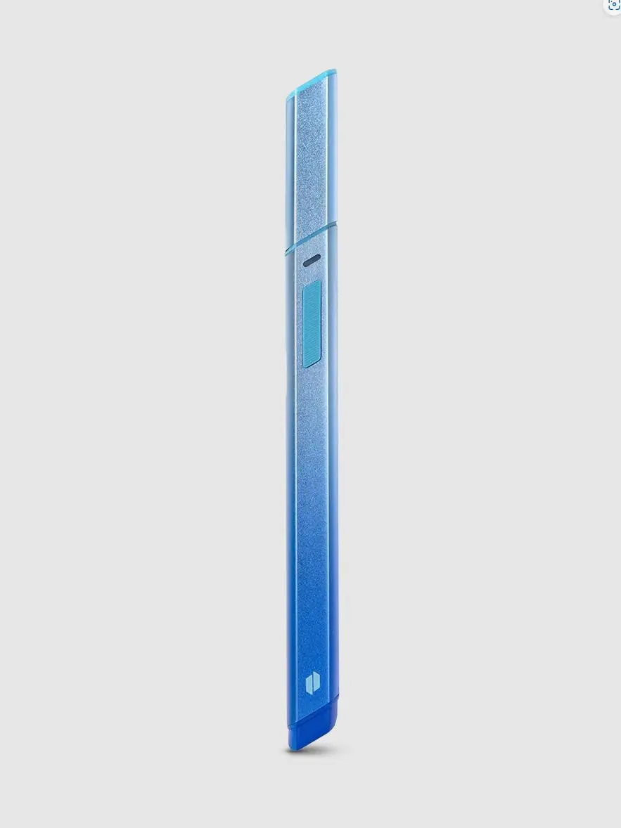 A blue electronic device with a pointed end and a small square logo on the side.