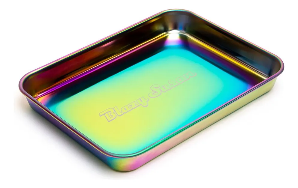 A rectangular metal tray with a rainbow-colored metallic surface.