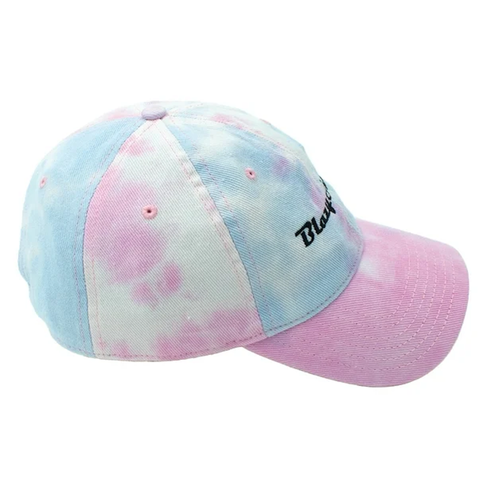 A tie-dye baseball cap in a light blue and pink color scheme.