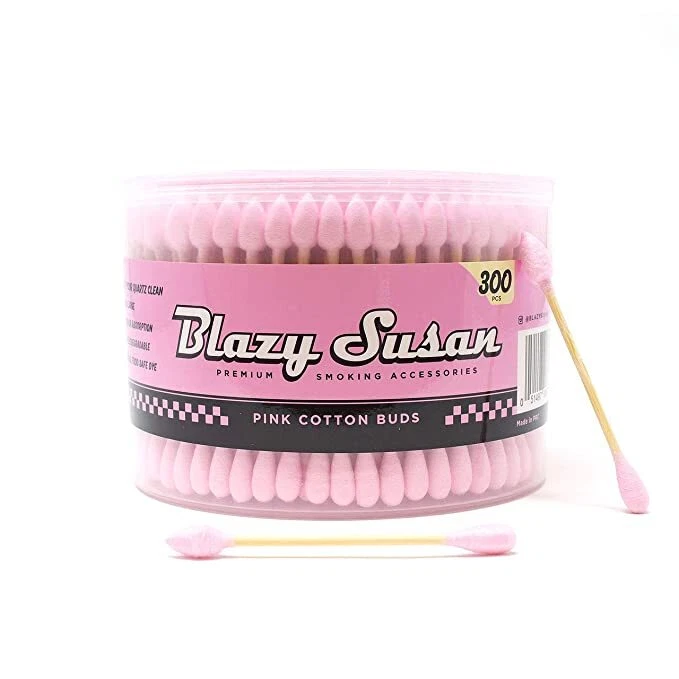 A clear plastic container filled with pink cotton swabs, labeled as "Blazys Susan" and "Premium Smoking Accessories".