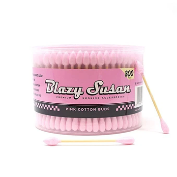 A clear plastic container filled with pink cotton swabs, labeled as "Blazys Susan" and "Premium Smoking Accessories".