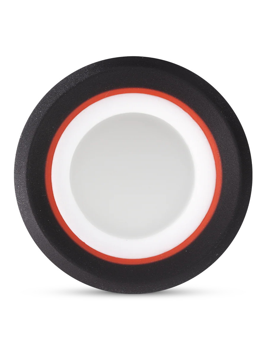 a black and white circular object with a red border.