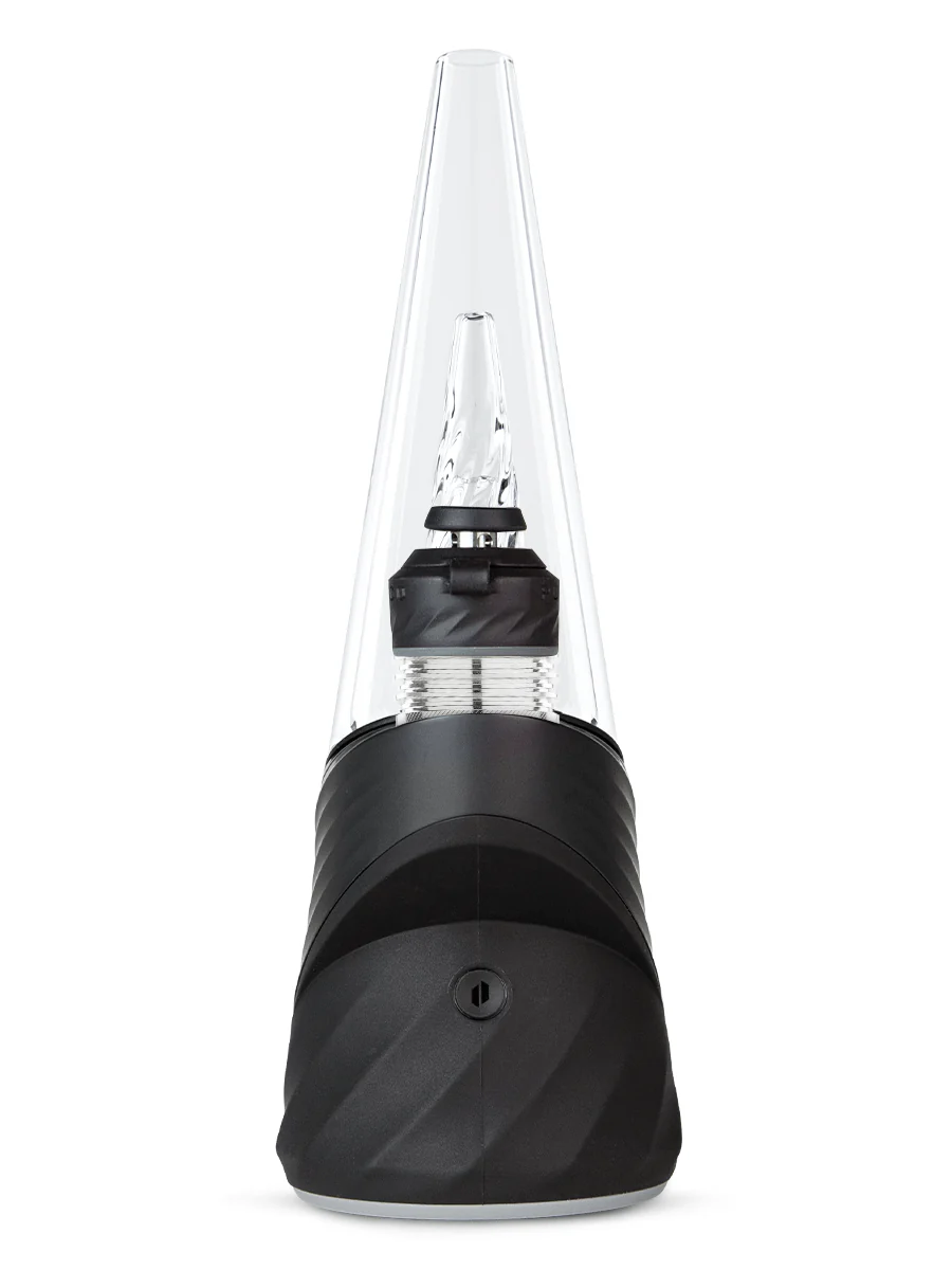 A clear glass pipe with a black base and a black cap, against a black background.