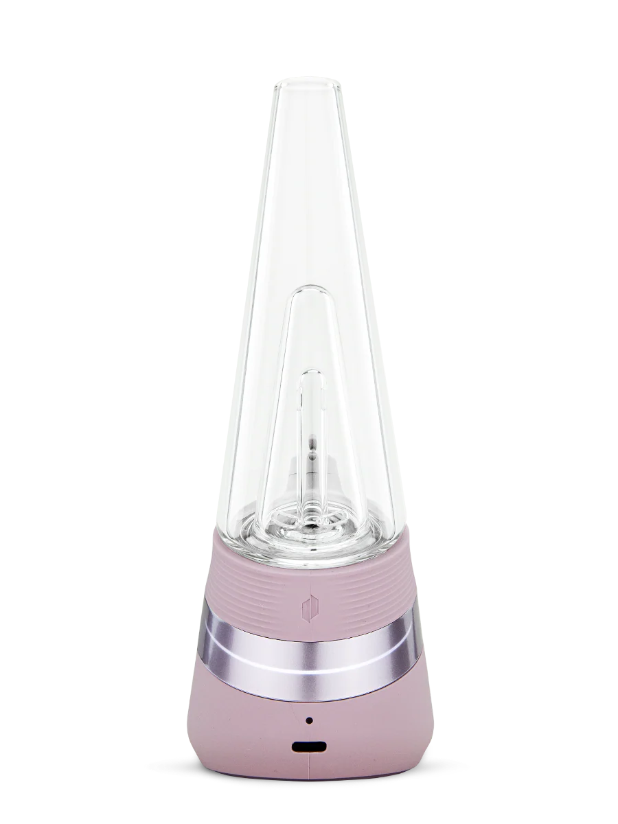 A pink and silver electronic device with a clear glass dome and a small black button on the front.