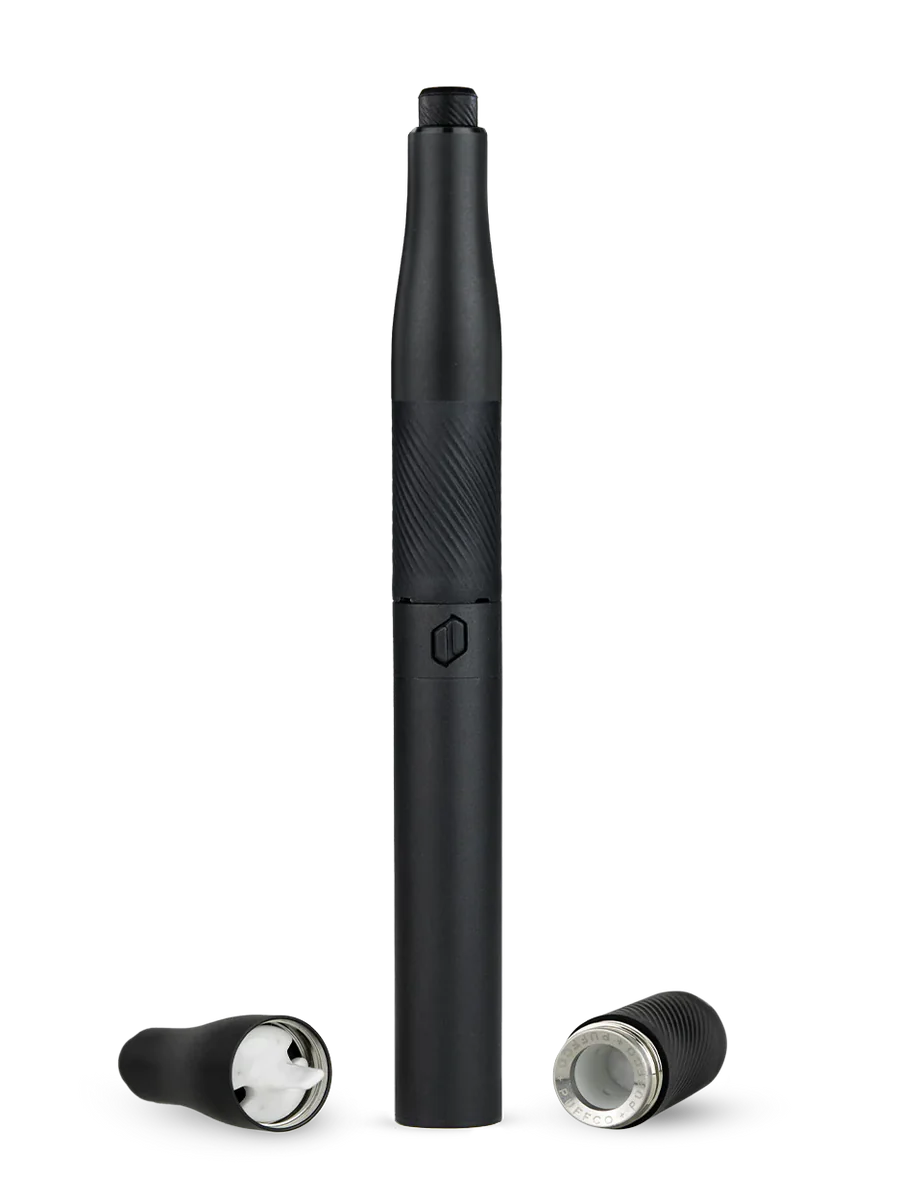 A sleek black electronic device, possibly a pen or stylus, is shown against a black background.