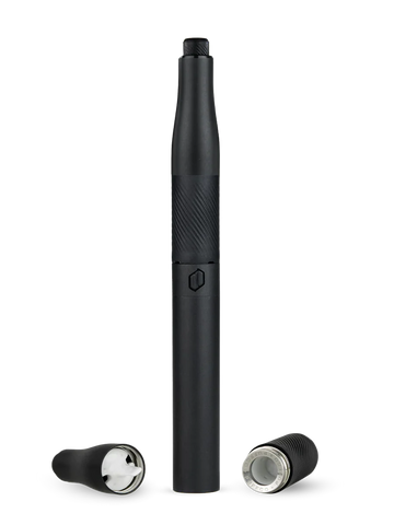 A sleek black electronic device, possibly a pen or stylus, is shown against a black background.