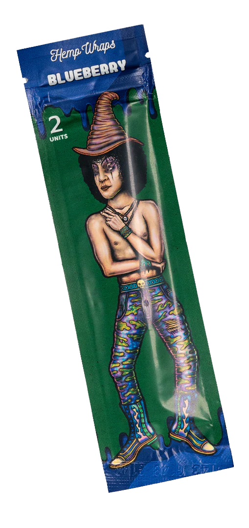 The image is a package of Hemp Wraps chocolate, featuring a colorful illustration of a man with tattoos and a chocolate bar.