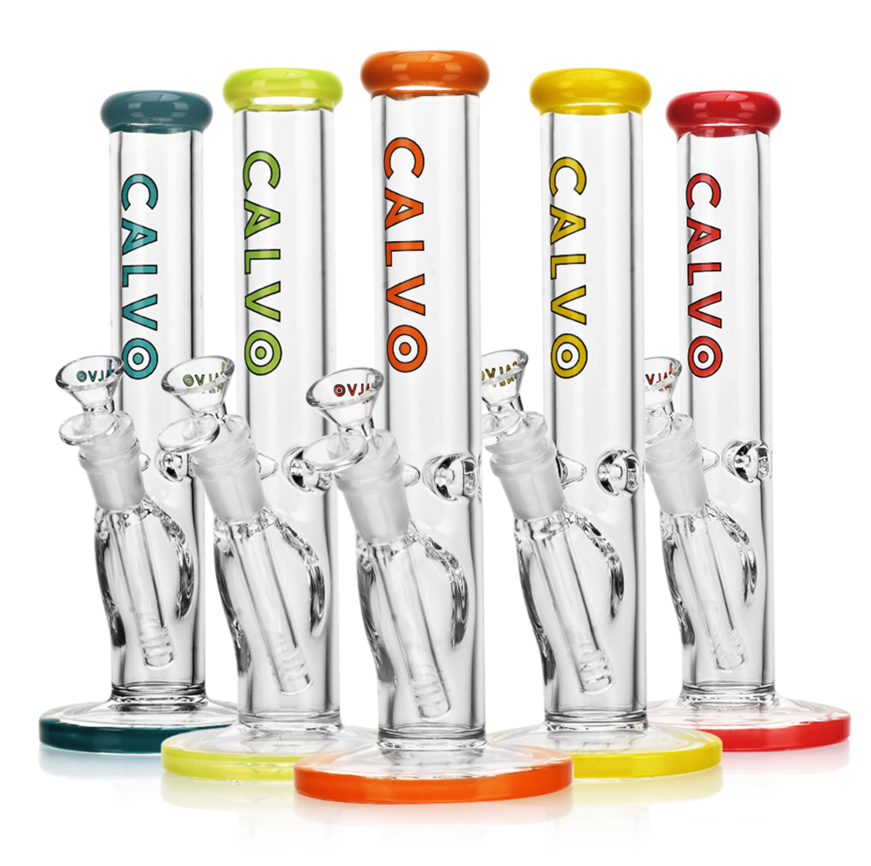 A group of five clear glass pipes with colorful caps, each displaying the word "CALVO" in different colors.
