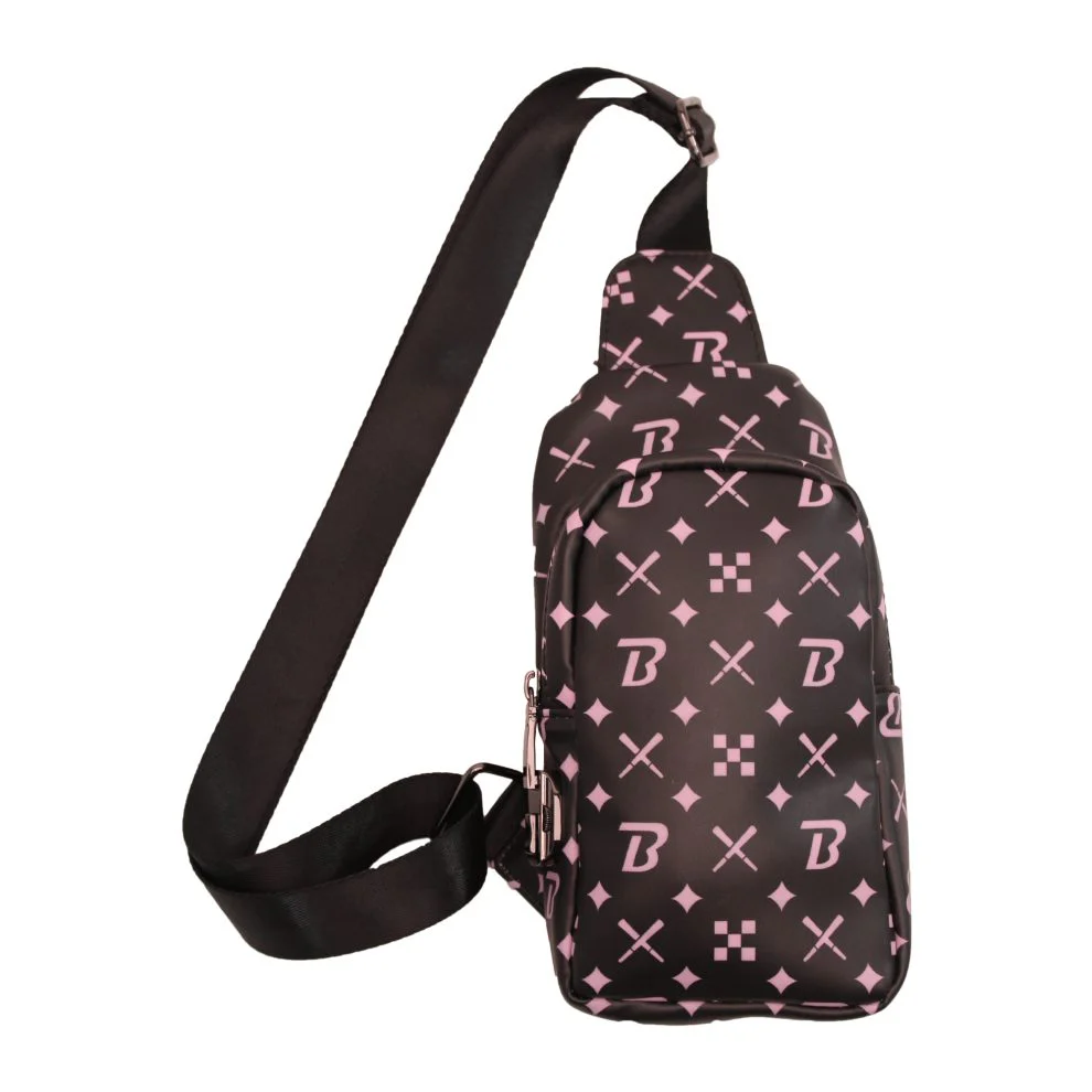 A black crossbody bag with a pink pattern and the letter "B" printed on it.