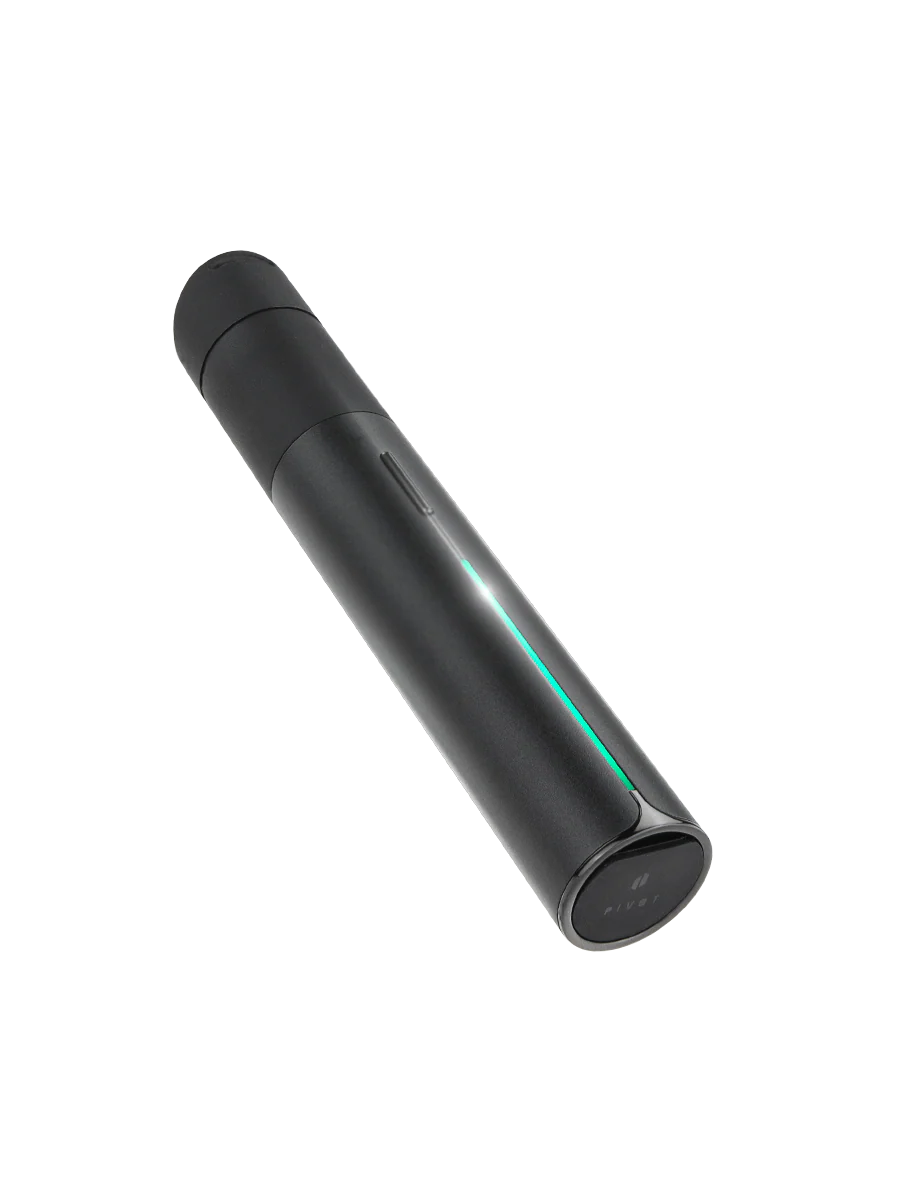 A sleek, black electronic device with a glowing green stripe on its side, positioned against a black background.