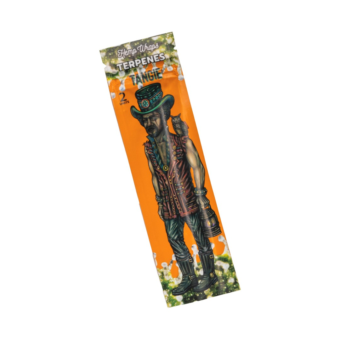 The image is a colorful package for "Tangerine" terpenes, featuring an illustration of a man wearing a hat and holding a lantern.