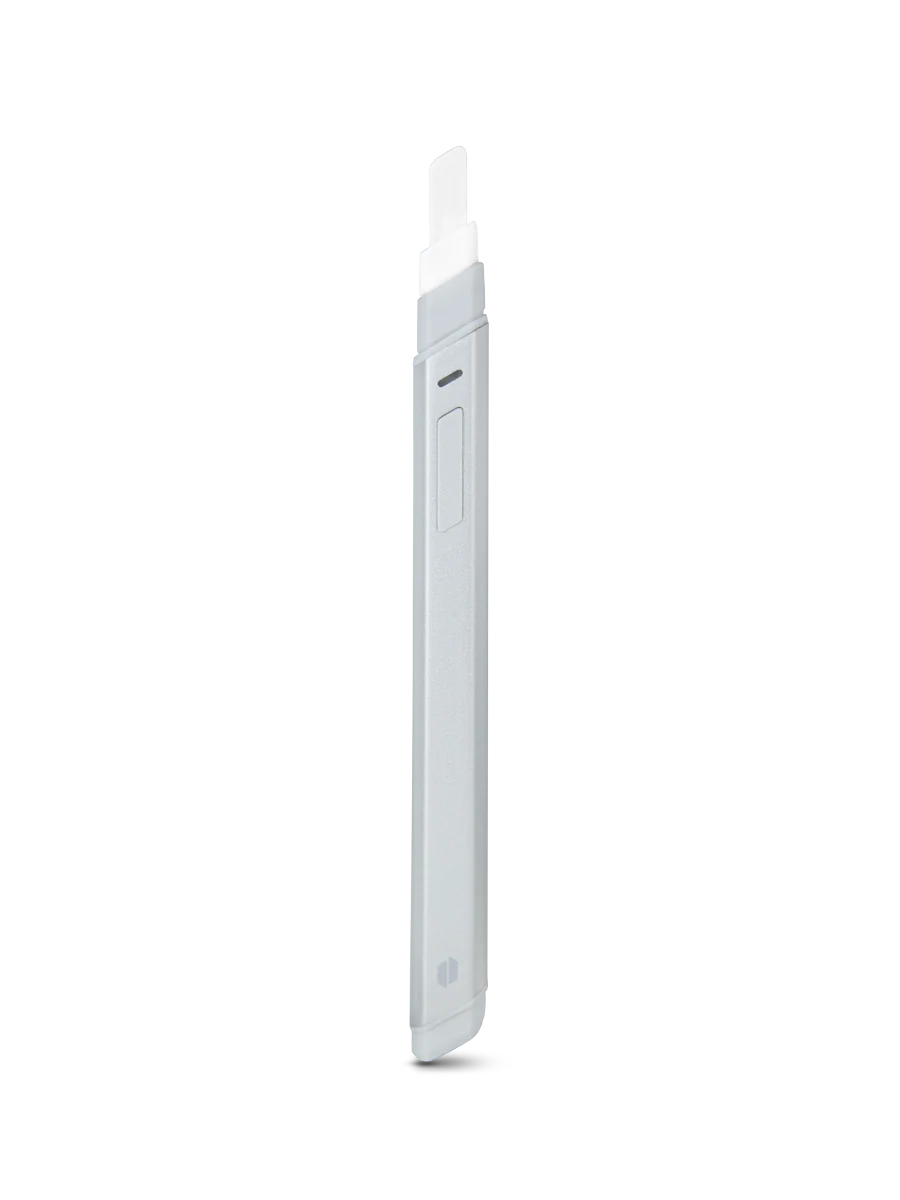 A white electronic device with a rectangular shape and a small square button on the top.