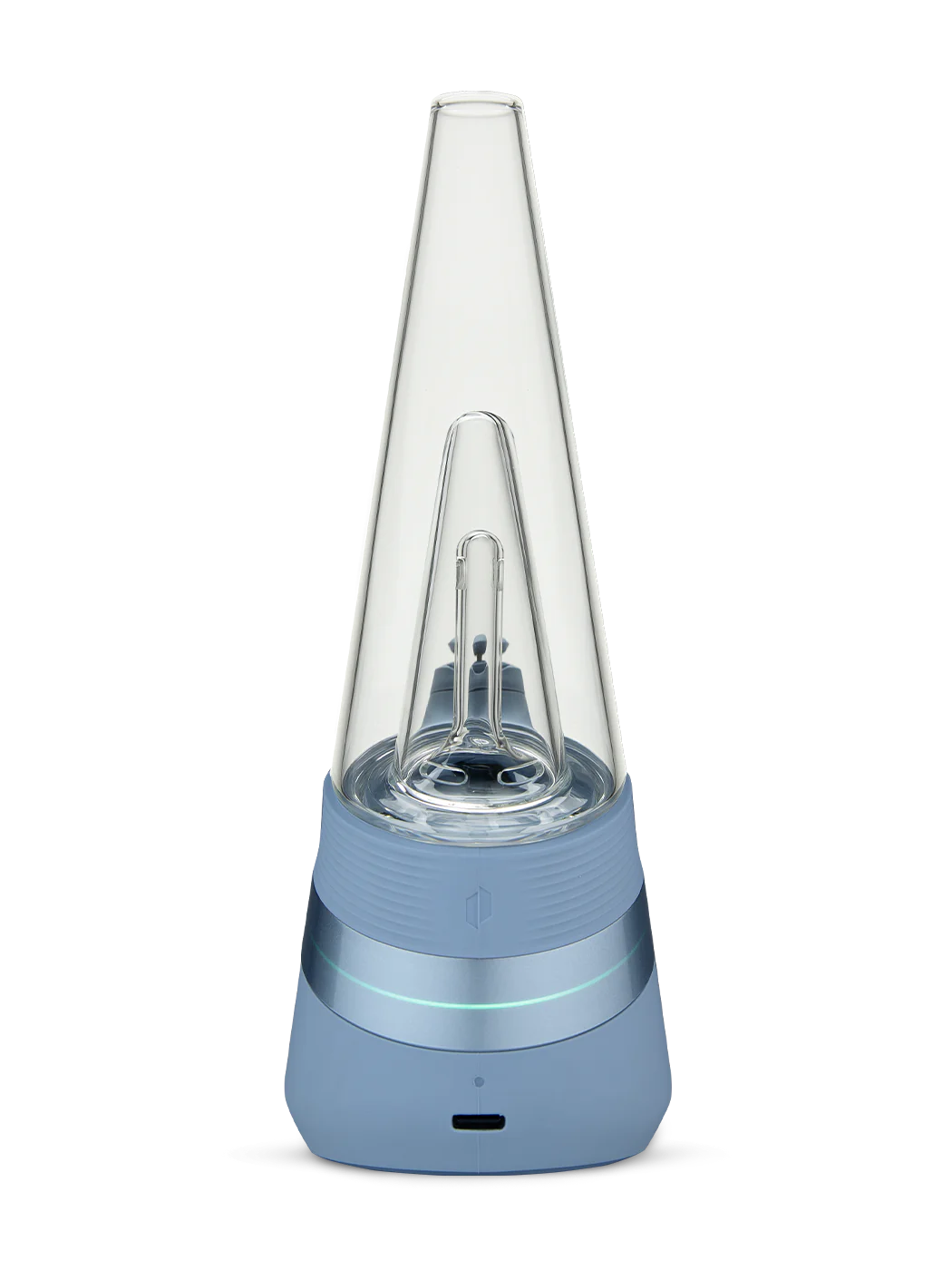 A blue electronic device with a clear glass dome and a blue base, set against a black background.