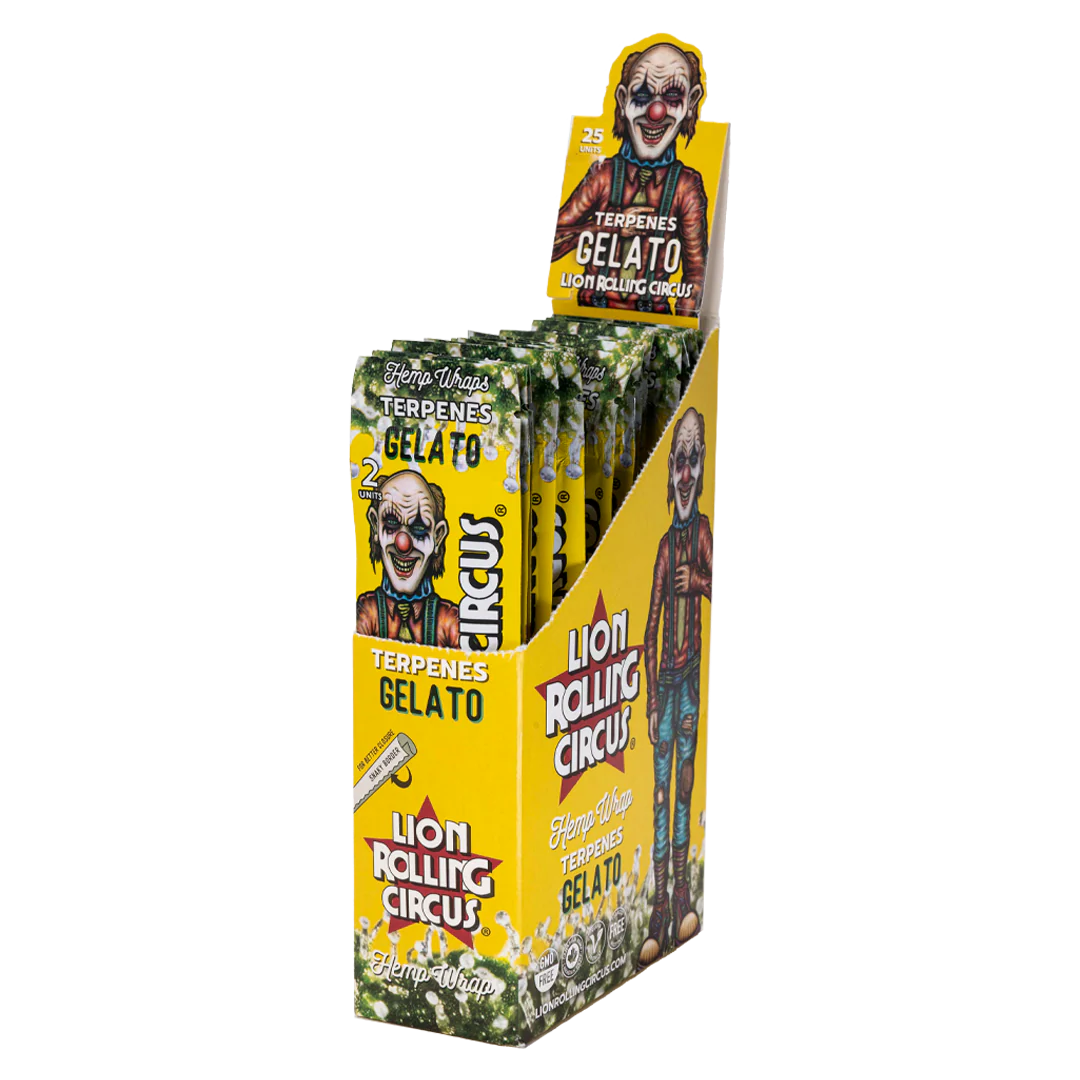 A display box containing a product called "Lion Rolling Circus" that is a type of edible cannabis. The box features a yellow and green color scheme with images of the product and a clown character.