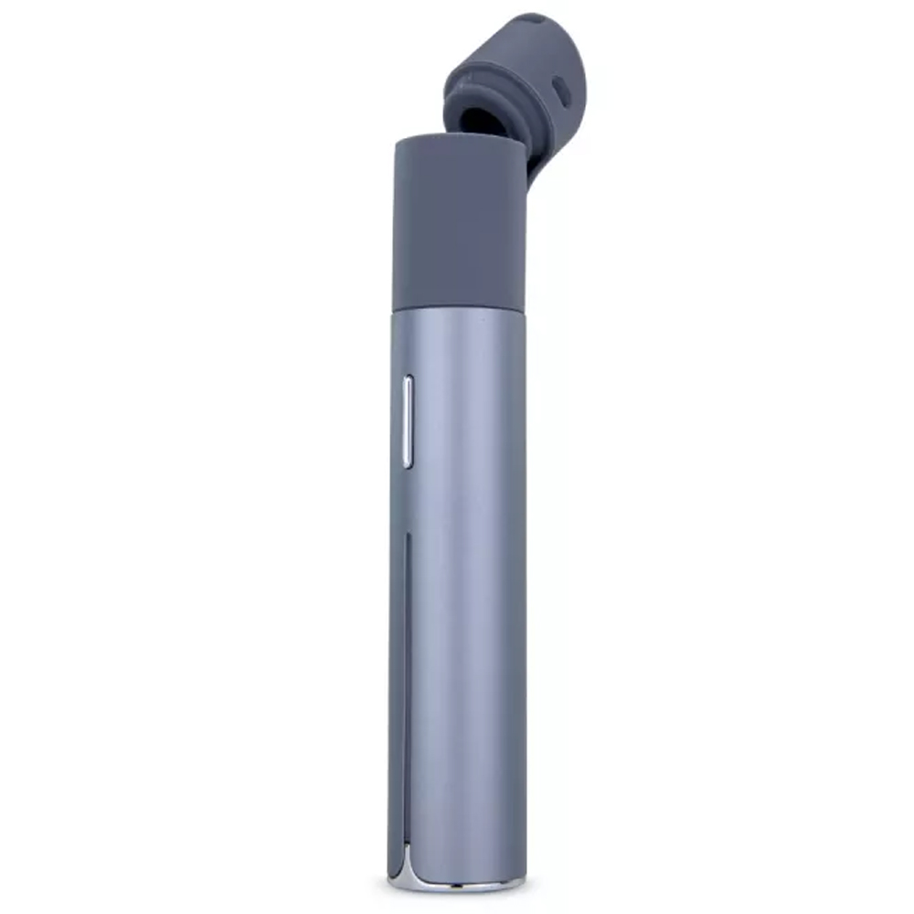 A gray cylindrical object with a black cap, possibly a cylindrical container or a cylindrical device with a black cap.