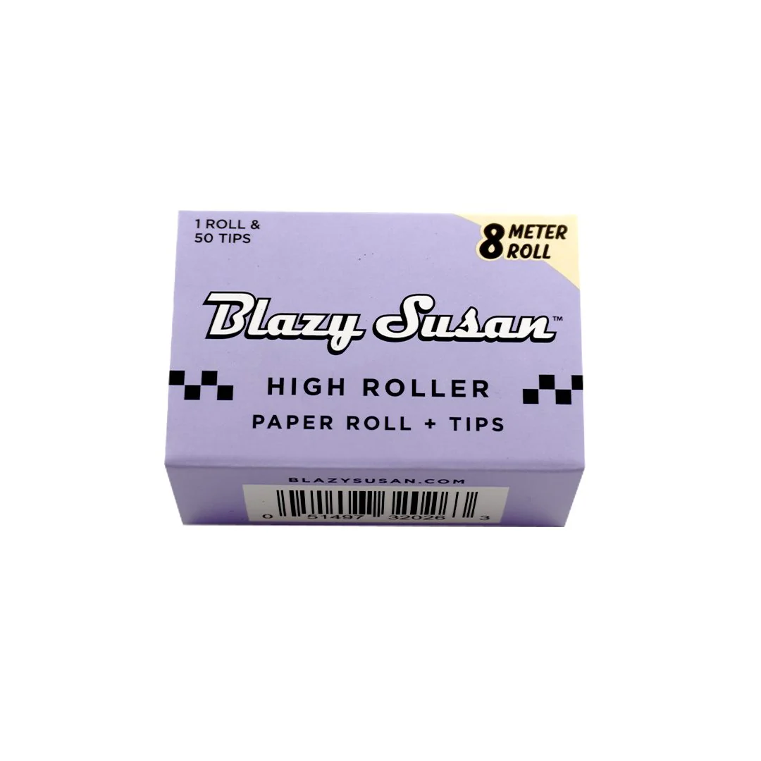 A pink box containing 8 meter rolls of high roller paper rolls, labeled as "Blazy Susan" brand.
