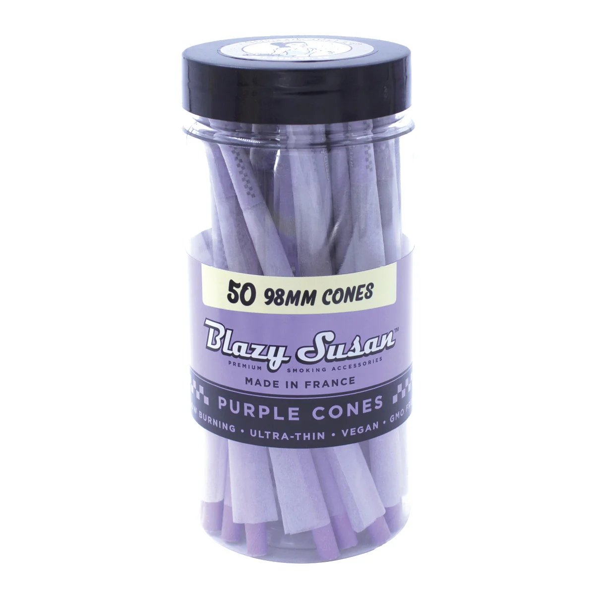 A clear plastic jar filled with purple-colored rolling tobacco cones, labeled as "Blazzy Susan" and "50 99mm Cones".