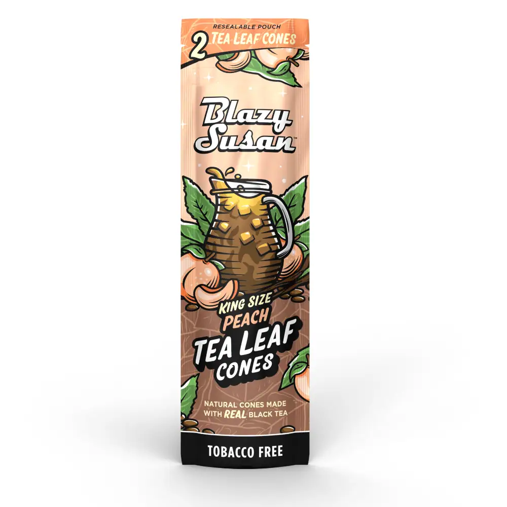 a product called "Blazy Susan" that is a "King Size Peach Tea Leaf Cones". The product is described as a "Resealable Powder" and "Tobacco Free".