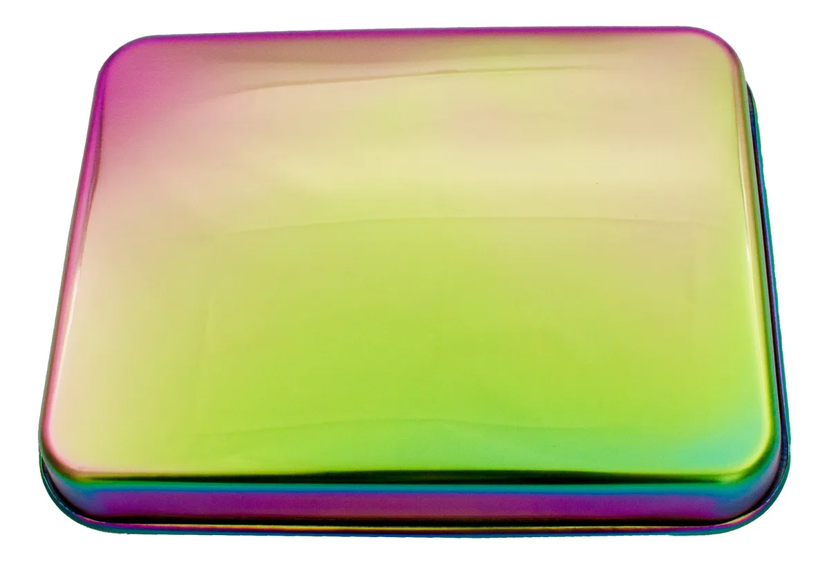 A rectangular, metallic object with a gradient color scheme, transitioning from pink to green.