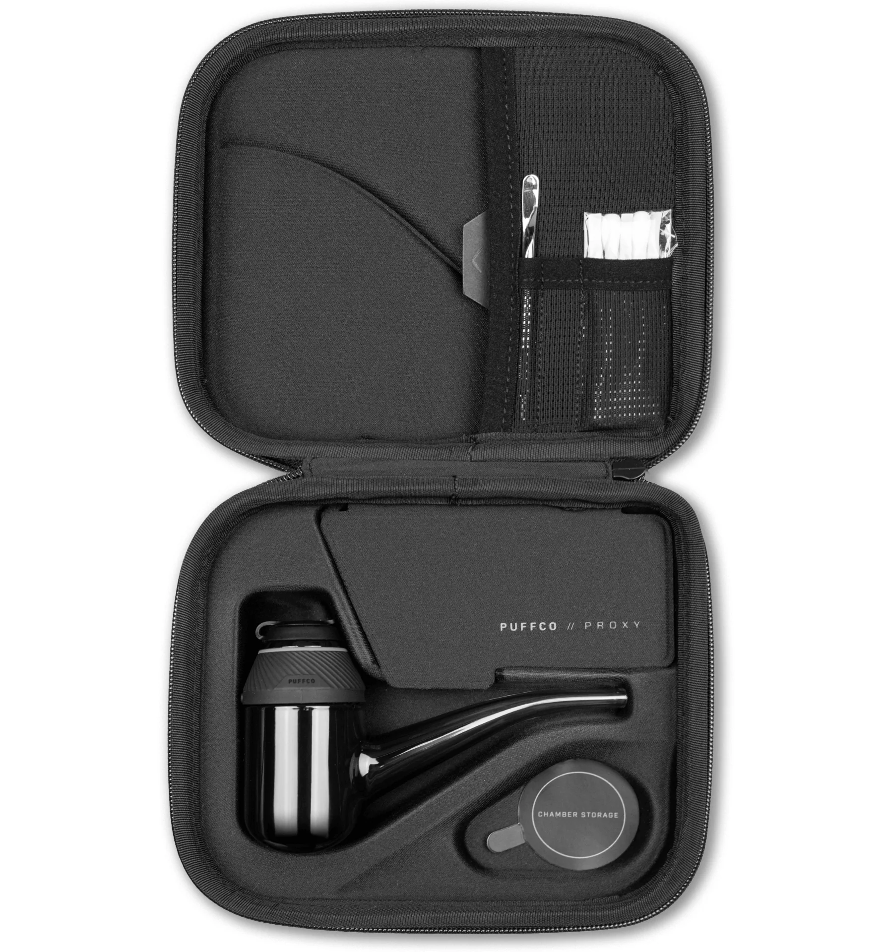 A black case containing a pipe, a pipe cleaner, and a pouch.