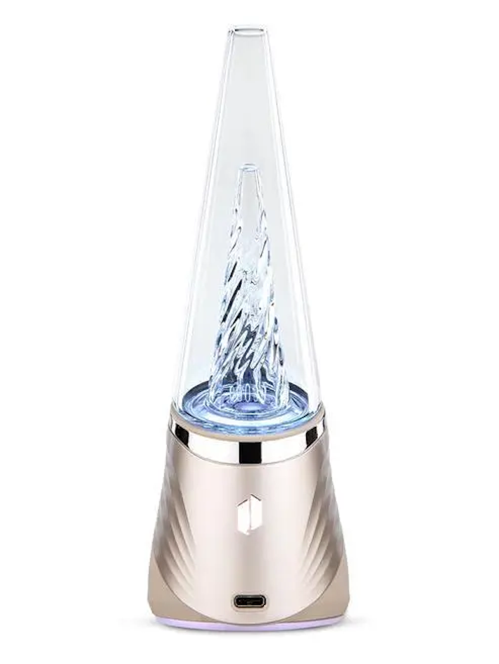 A clear glass device with a blue light inside, placed on a white background.