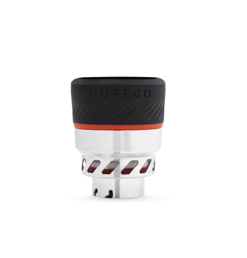 A black and silver electronic device with the word "PUFFCO" printed on it.