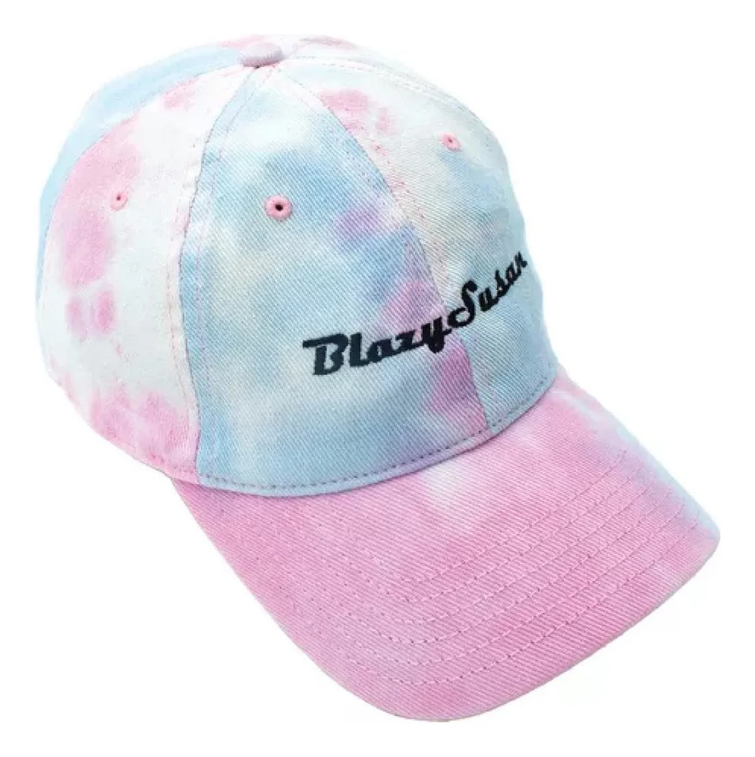 A pink and blue tie-dye baseball cap with the text "Blazysister" printed on it.