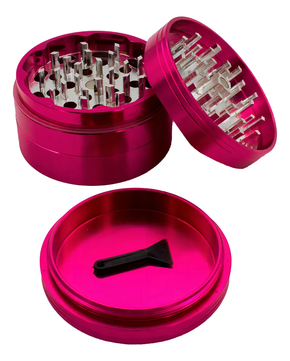 a pink grinder with a black tool inside, and the grinder is open, revealing the grinding mechanism.