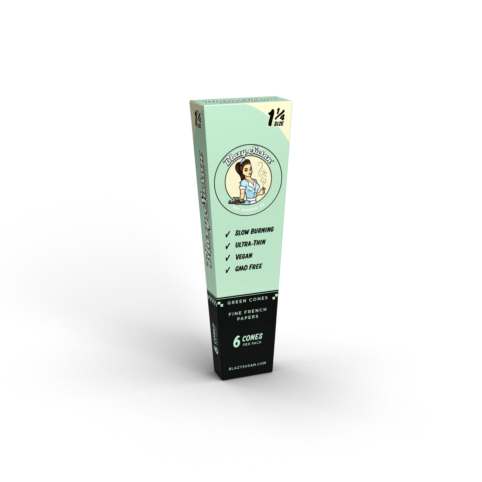 A box of green cones with a cartoon image of a woman on it, surrounded by pink and white confetti.