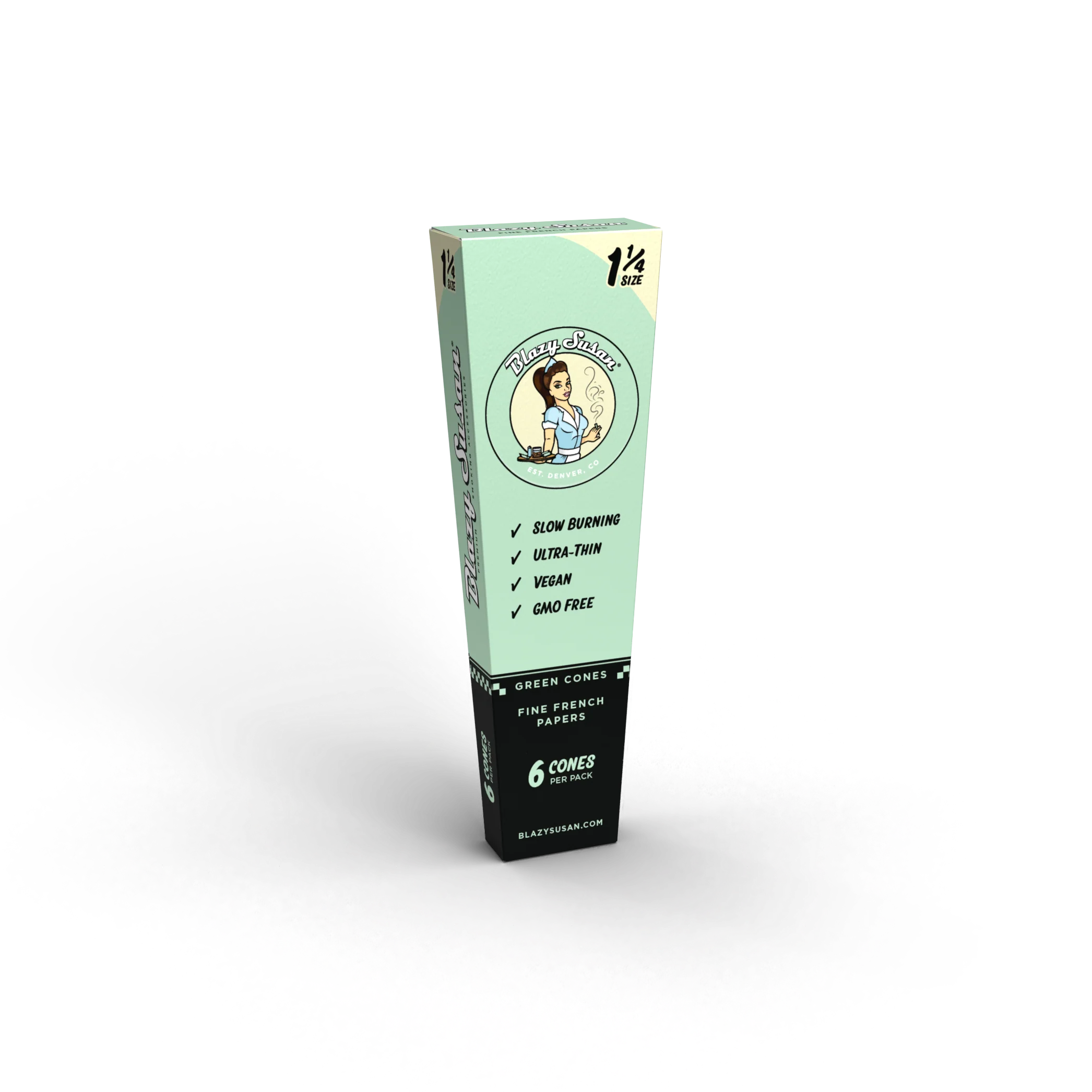 A box of green cones with a cartoon image of a woman on it, surrounded by pink and white confetti.