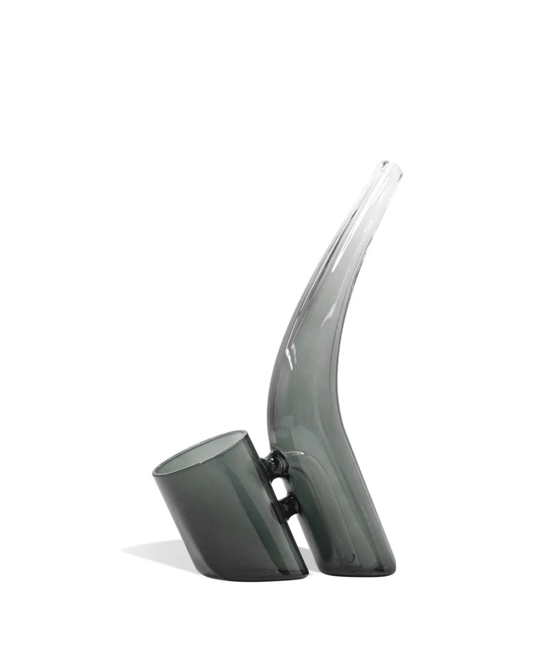 A modern, minimalist black glass sculpture with a curved, pointed shape and a small, round opening at the bottom.