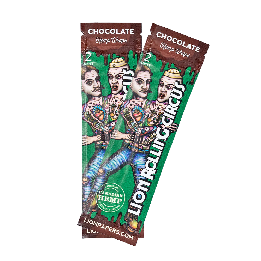 two packages of chocolate-flavored Hemp wraps, with a colorful and artistic design.