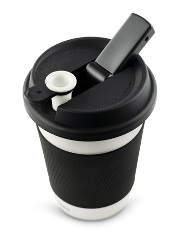 A black and white coffee cup with a black lid and a white handle.