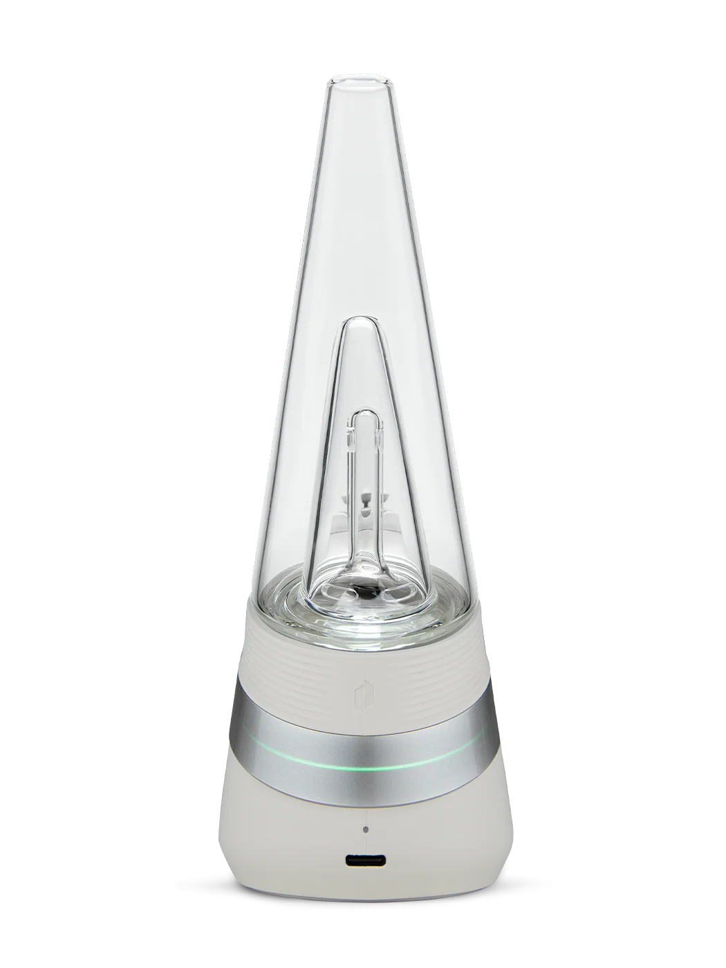 A white electronic device with a clear glass dome, likely a small electronic component or accessory.