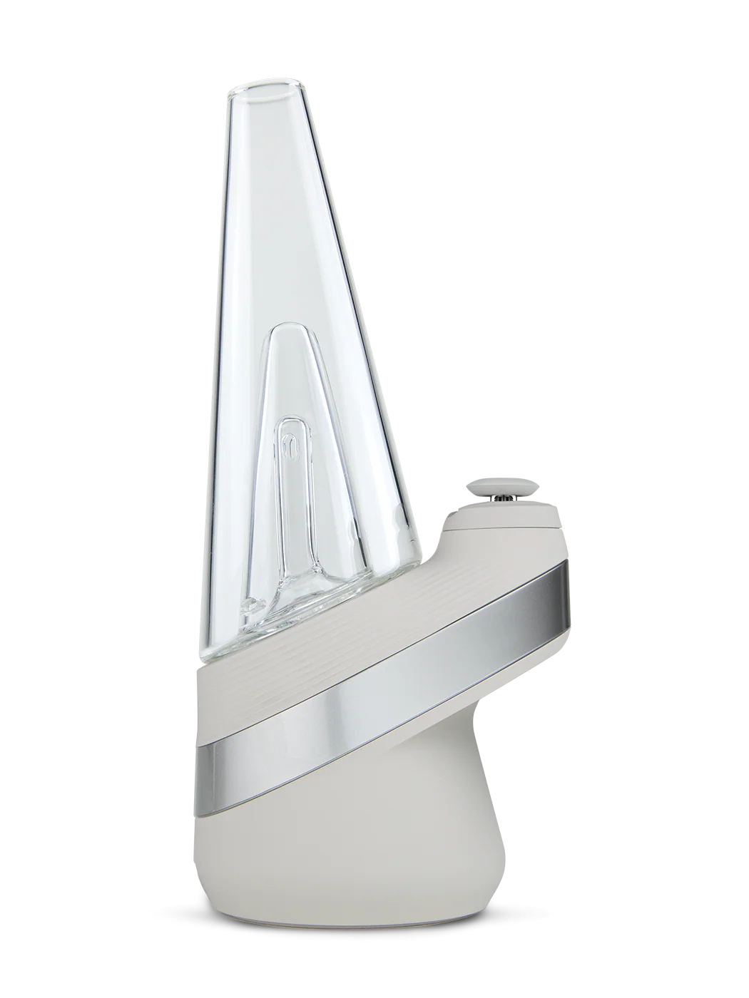 A white electronic device with a clear glass tube and a silver-colored base, possibly a piece of electronic equipment or a small appliance.
