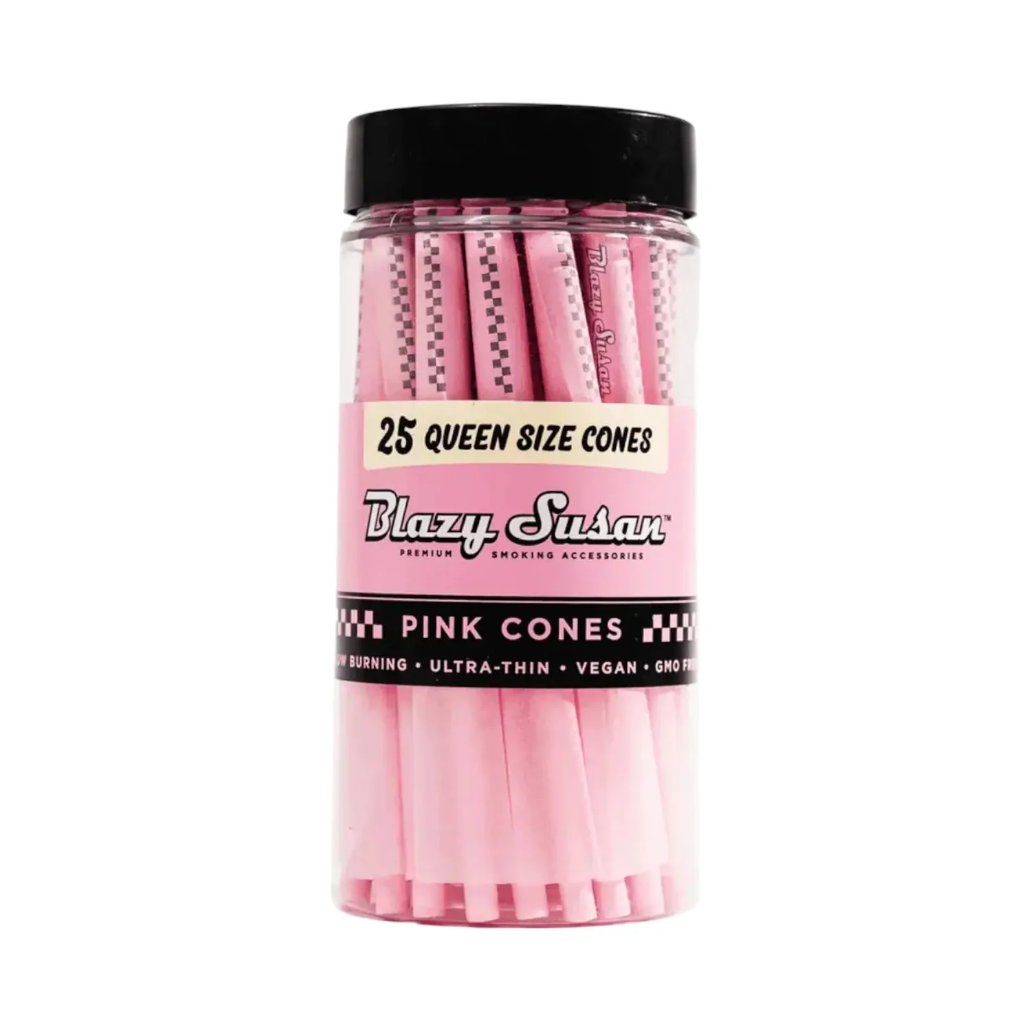 A clear jar filled with pink-colored smoking accessories, specifically 25 queen-size cones.