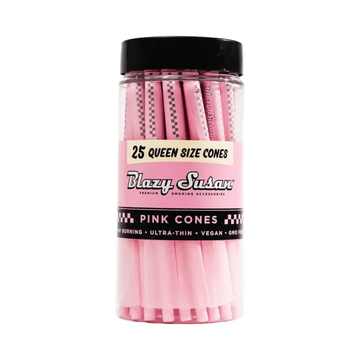 A clear jar filled with pink-colored smoking accessories, specifically 25 queen-size cones.