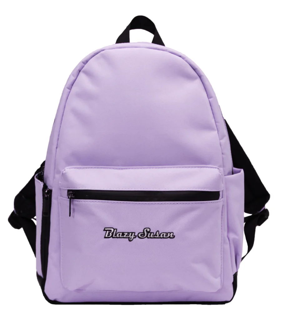 A purple backpack with a black handle and zipper.