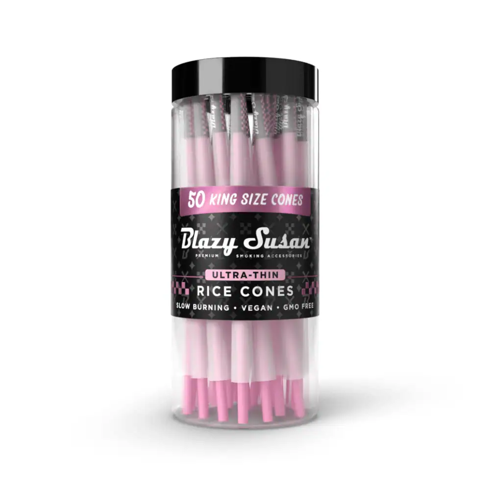 A clear glass jar filled with pink-colored, thin-bristled rolling papers, labeled as 50 king size cones.