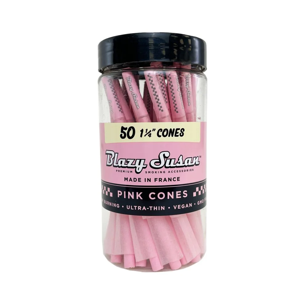 A clear jar filled with pink cones, labeled as 50 1/2" cones.