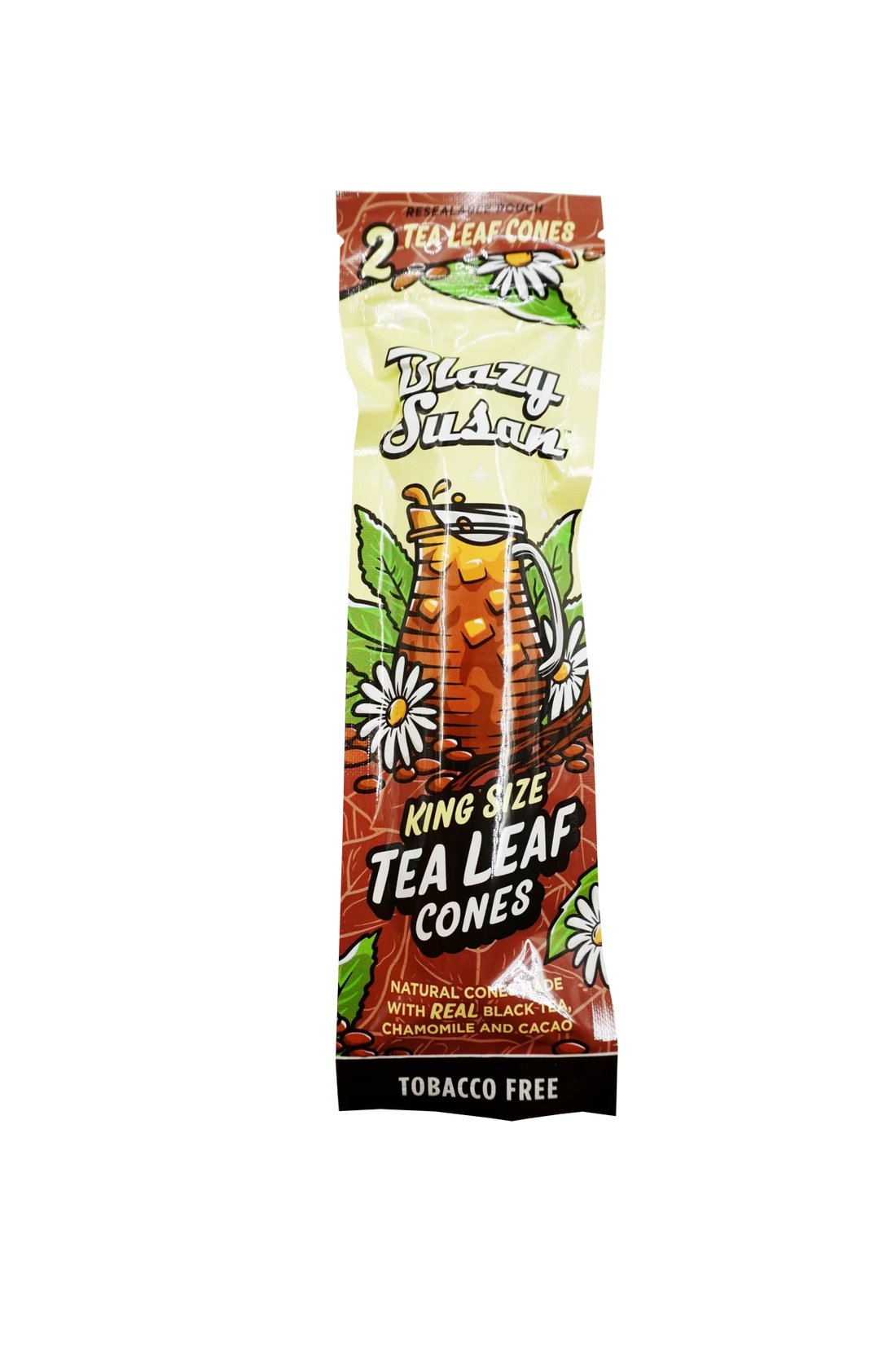 A pink and green packaging for "Blazzy Susan" cigarette cones, which are described as "King Size" and "Tobacco Free".