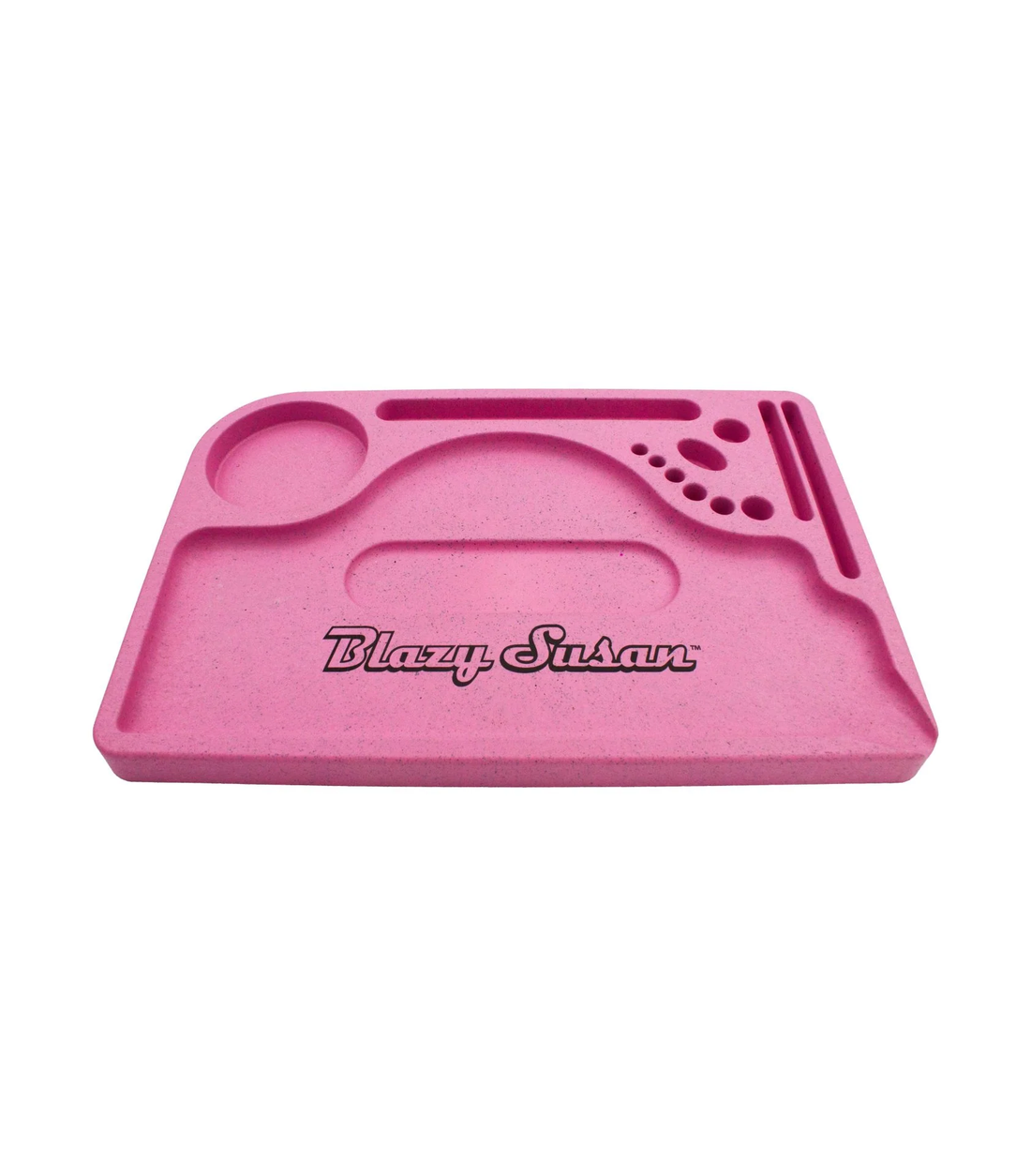 A pink, rectangular tray with various compartments and holes, designed for organizing and storing items.