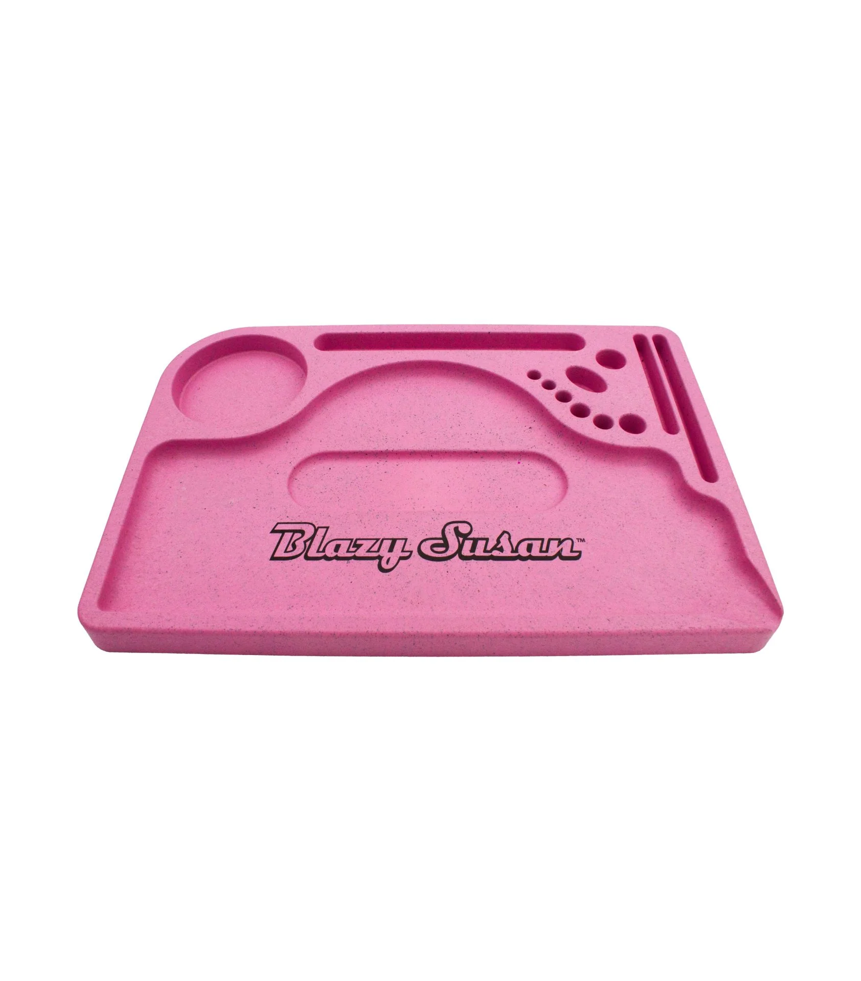 A pink, rectangular tray with various compartments and holes, designed for organizing and storing items.