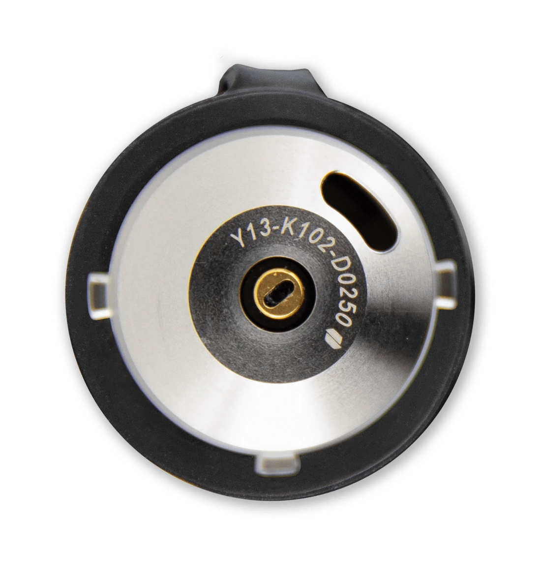 A black and silver object with a black handle, possibly a camera lens or a similar device, against a black background.