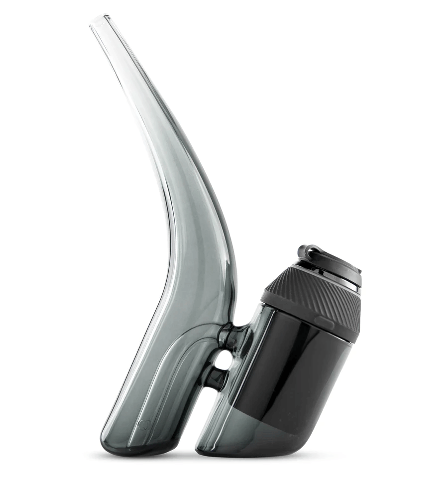 A black and gray glass pipe with a curved design, likely used for smoking pipes.