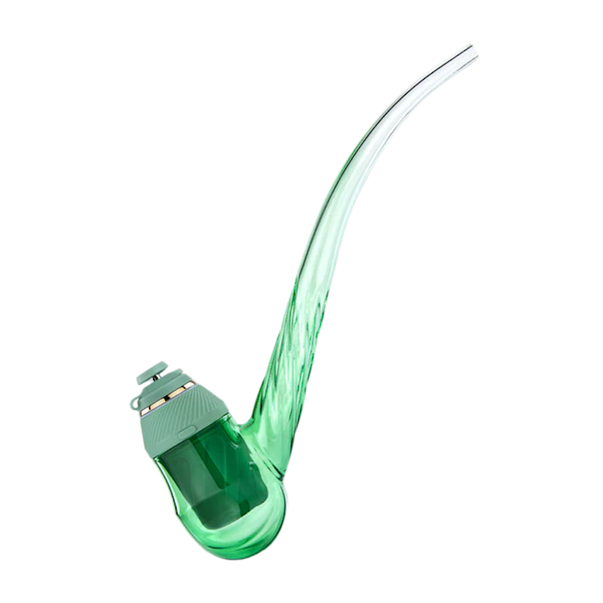 A green glass pipe with a curved tube and a small opening at the end, against a black background.