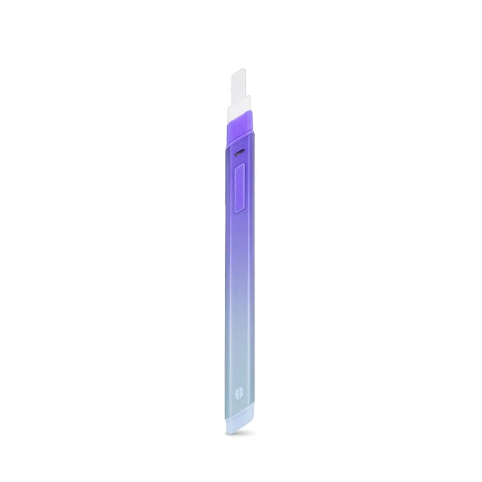 A purple and white electronic device, possibly a stylus or pen, is shown against a white background.