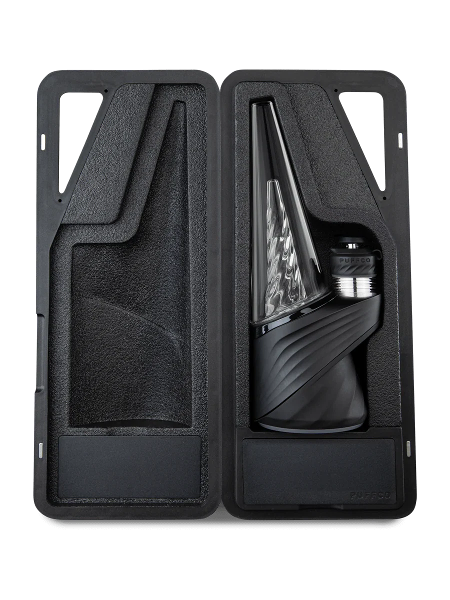 a black, rectangular case with a clear plastic window, designed to protect and display a sleek, modern-looking device.