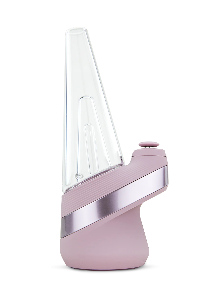 A pink electronic device with a clear glass tube and a button on the front, set against a black background.